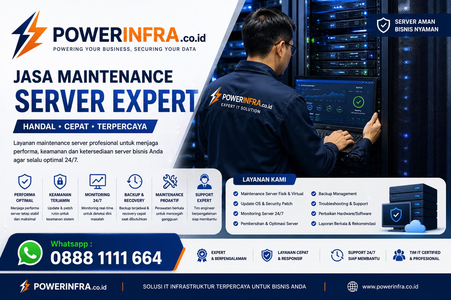 Jasa maintenance server profesional untuk perusahaan, data center, dan bisnis. Monitoring, backup, security, dan maintenance server 24 jam.